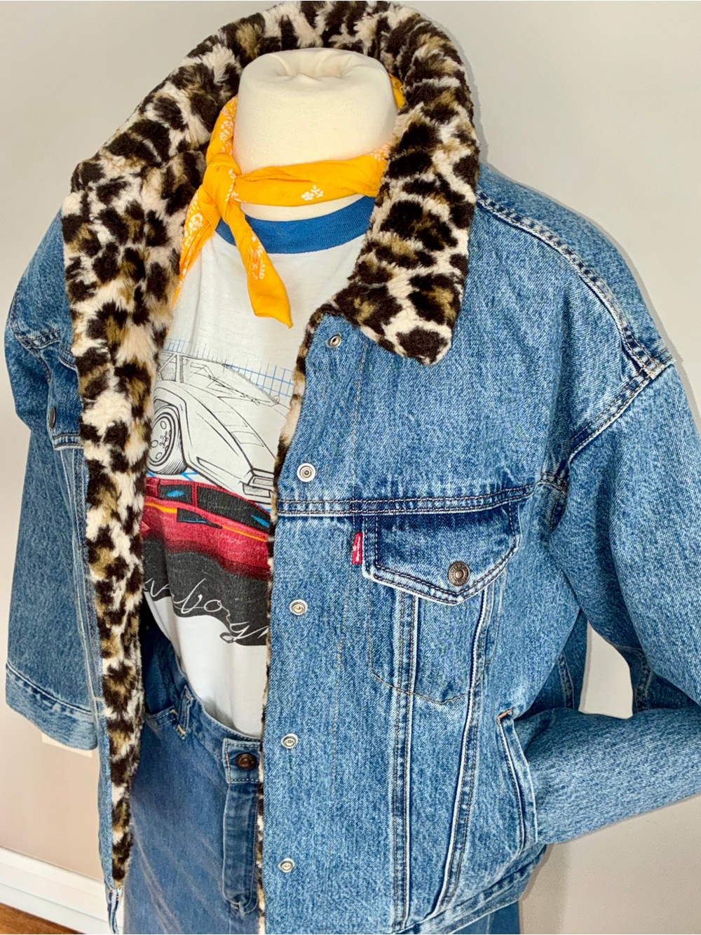 LEVI'S Oversize Reversible Faux Fur Leopard & Denim Trucker Jacket